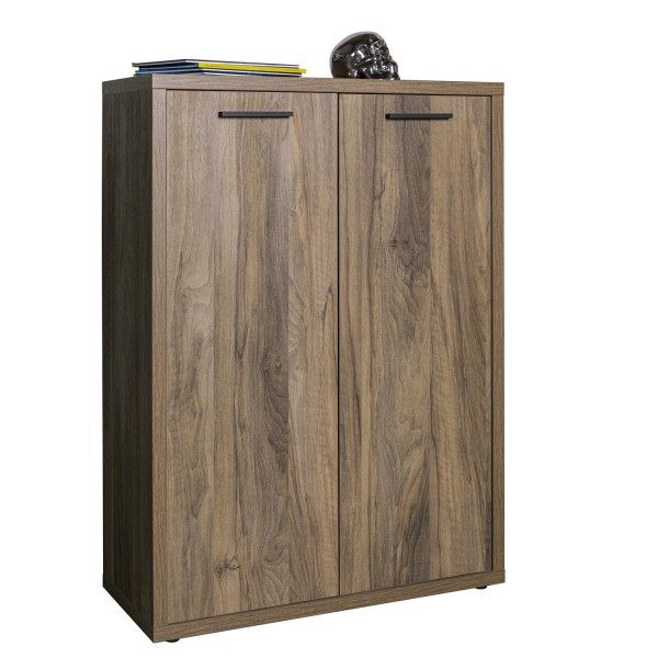 Vista diagonale Mobile contenitore in legno colore Noce Brera con 2 ante e 2 ripiani modello Bali Totò Piccinni