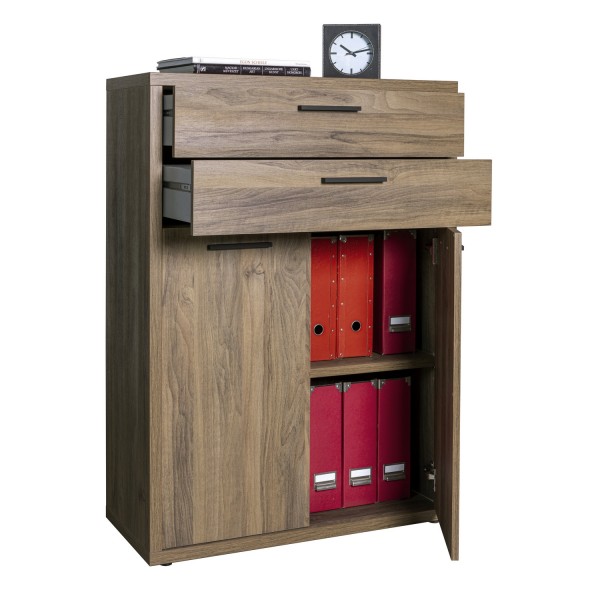 mobile contenitore in legno noce brera vista diagonale con cassetti aperti modello Bali Totò Piccinni