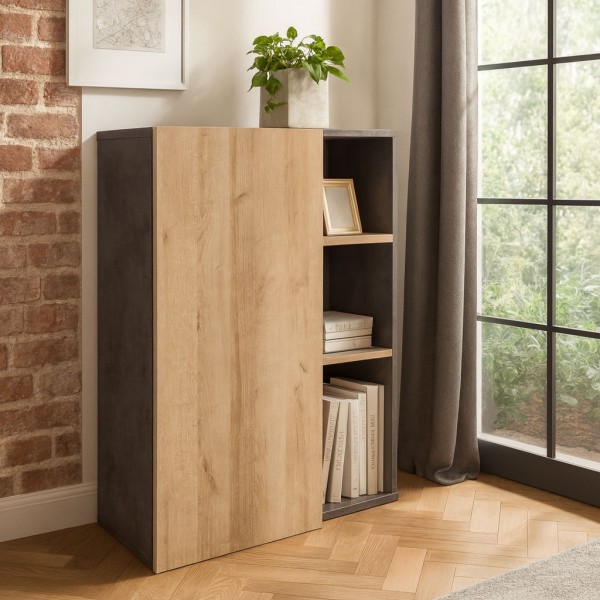 Vista ambientata libreria in legno colore "Rovere/Cemento" 1 anta e 2 ripiani modello Sydney Totò Piccinni