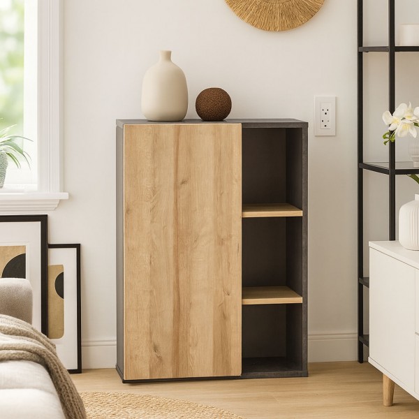 Vista ambientata libreria in legno colore "Rovere/Cemento" 1 anta e 2 ripiani modello Sydney Totò Piccinni