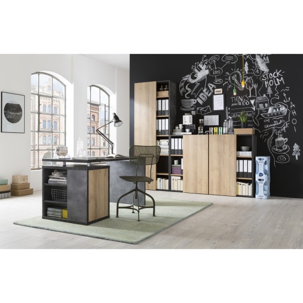 Vista ambientata libreria moderna in legno colore "Rovere/Cemento" 1 anta e 2 ripiani modello Sydney Totò Piccinni