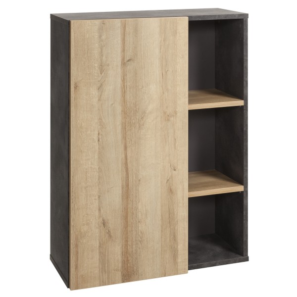Vista diagonale libreria in legno colore "Rovere/Cemento" 1 anta e 2 ripiani modello Sydney Totò Piccinni