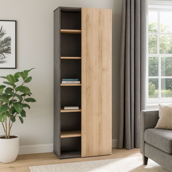 Vista ambientata Libreria in legno colore "Rovere/Cemento" 1 anta e 5 ripiani modello Sydney Totò Piccinni