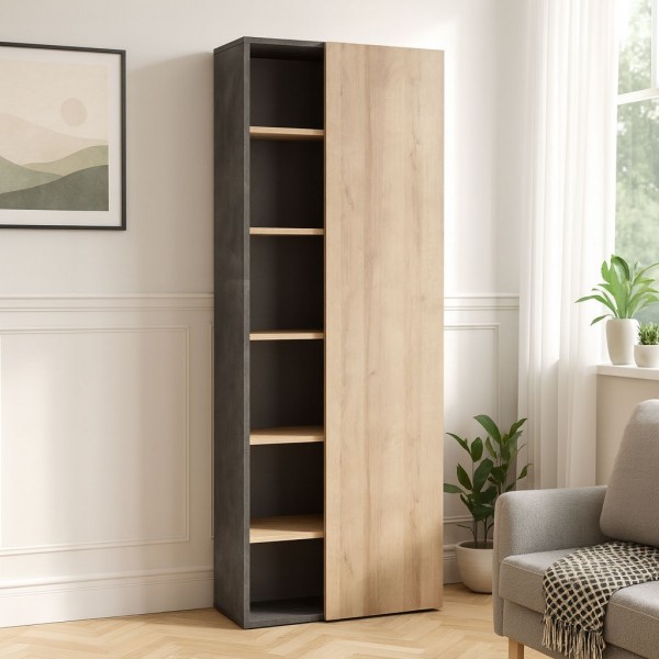 Vista ambientata Libreria in legno colore "Rovere/Cemento" 1 anta e 5 ripiani modello Sydney Totò Piccinni