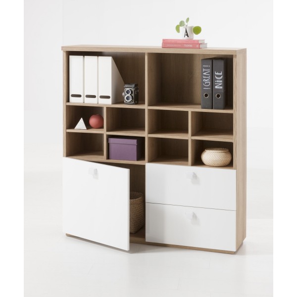 Libreria in legno colore "Rovere Miele/Bianco Laccato" 1 anta e 2 cassetti modello Orbita Totò Piccinni