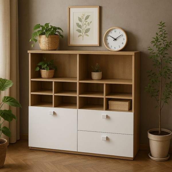 Vista ambientata Libreria moderna in legno colore "Rovere Miele/Bianco Laccato" 1 anta e 2 cassetti modello Orbita Totò Piccinni