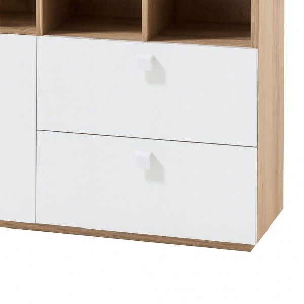 Dettaglio Libreria moderna in legno colore "Rovere Miele/Bianco Laccato" 1 anta e 2 cassetti modello Orbita Totò Piccinni