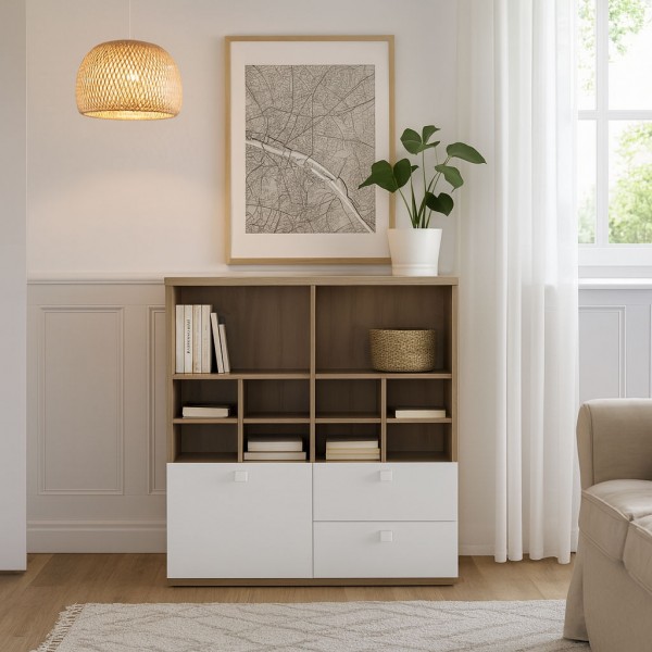 Vista ambientata Libreria moderna in legno colore "Rovere Miele/Bianco Laccato" 1 anta e 2 cassetti modello Orbita Totò Piccinni