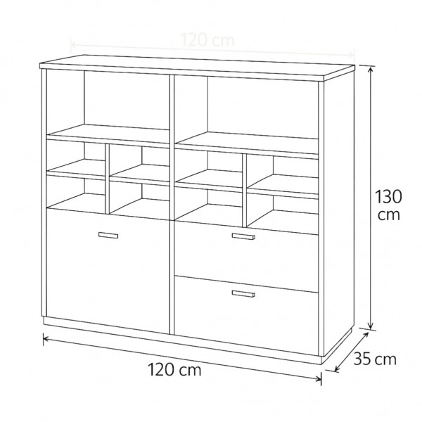 Specifica dimensioni Libreria moderna in legno colore "Rovere Miele/Bianco Laccato" 1 anta e 2 cassetti modello Orbita Totò Piccinni