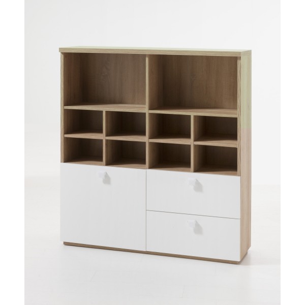 Libreria moderna in legno colore "Rovere Miele/Bianco Laccato" 1 anta e 2 cassetti modello Orbita Totò Piccinni