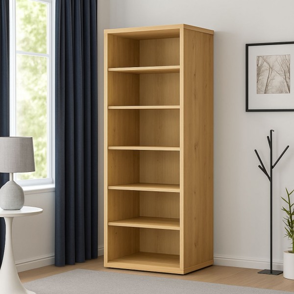 Vista diagonale Libreria a giorno in legno colore Rovere Miele con 6 vani modello Alba Totò Piccinni