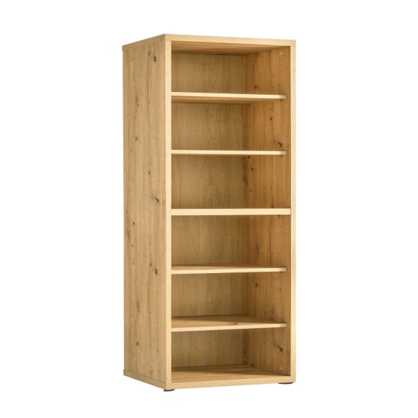 Vista diagonale Libreria a giorno in legno colore Rovere Miele con 6 vani modello Alba Totò Piccinni