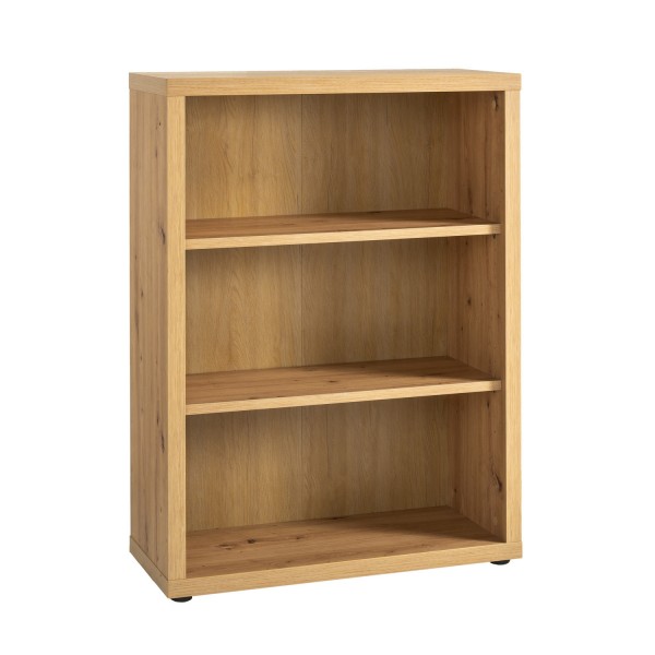 Vista diagonale Libreria a giorno in legno colore Rovere Miele con 3 vani modello Alba Totò Piccinni