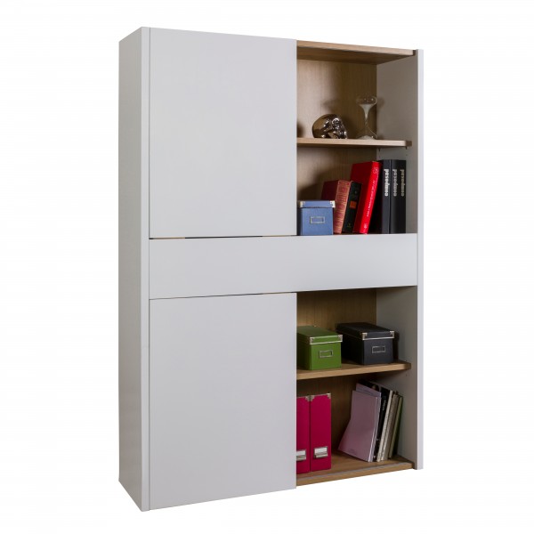 Vista diagonale Libreria in legno colore "Bianco Laccato/Rovere Artisan" 2 ante scorrevoli e 1 cassetto modello Apex Totò Piccinni