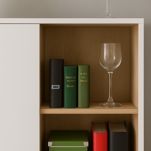 Dettaglio angolo alto Libreria in legno colore "Bianco Laccato/Rovere Artisan" 2 ante scorrevoli e 1 cassetto modello Apex Totò Piccinni