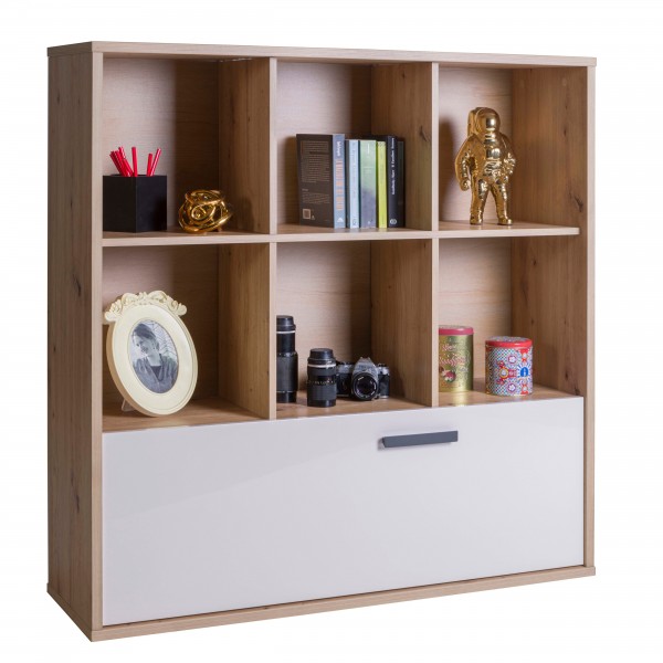 Libreria in legno colore rovere artisan/cashmere con 1 cassettone e 6 vani modello Nadir Totò Piccinni