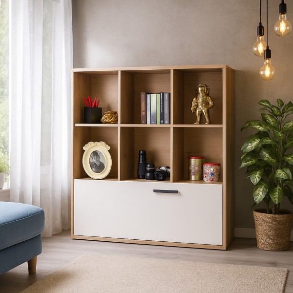 Vista ambientata Libreria in legno colore rovere artisan/cashmere con 1 cassettone e 6 vani modello Nadir Totò Piccinni