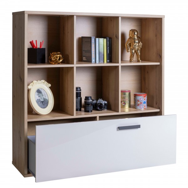 Vista diagonale Libreria in legno colore rovere artisan/cashmere con 1 cassettone e 6 vani modello Nadir Totò Piccinni