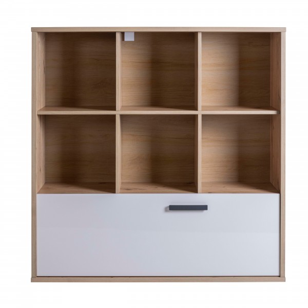 Vista frontale Libreria in legno colore rovere artisan/cashmere con 1 cassettone e 6 vani modello Nadir Totò Piccinni