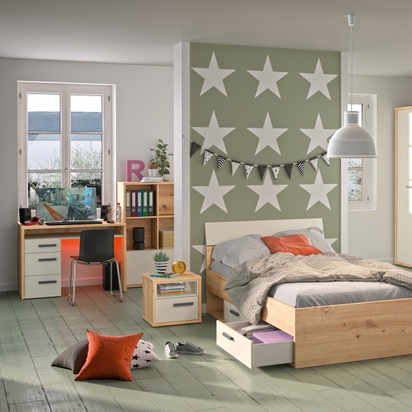 Vista completa Libreria in legno colore rovere artisan/cashmere con 1 cassettone e 6 vani modello Nadir Totò Piccinni