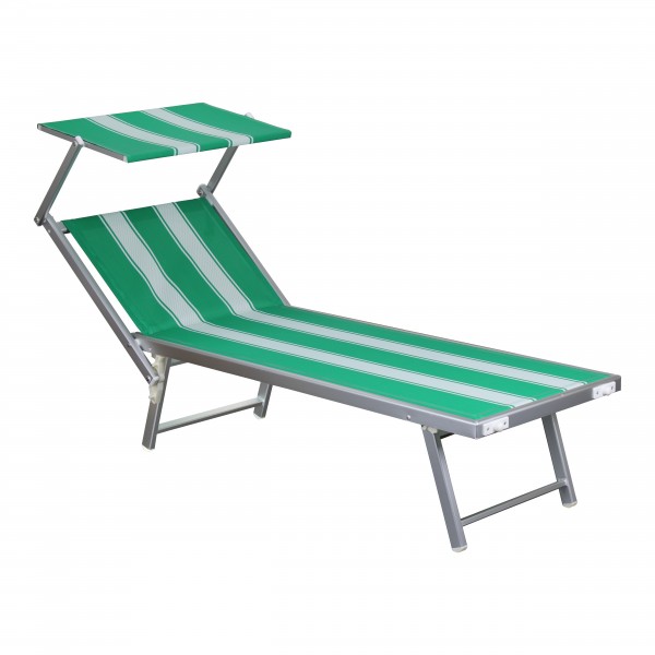 lettino mare alluminio con parasole Colore a righe verde bianco modello Salento Totò Piccinni vista obliqua