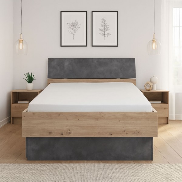 Vista ambientata Letto in legno colore "Rovere Artisan/Cemento" modello Sylva Totò Piccinni