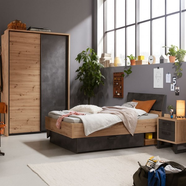 Vista ambientata Letto in legno colore "Rovere Artisan/Cemento" modello Sylva Totò Piccinni