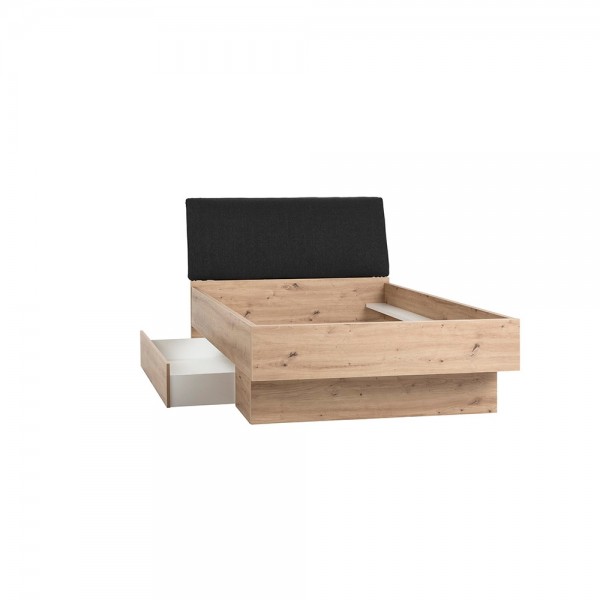 Letto piazza e mezza con cassettone in legno con testiera imbottita colore Rovere Artisan modello Aura Totò Piccinni