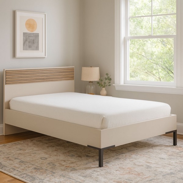 Vista ambientata Letto piazza e mezza in legno colore "Cannettato/Cashmere" modello Zefiro Totò Piccinni