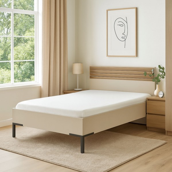 Vista ambientata Letto piazza e mezza in legno colore "Cannettato/Cashmere" modello Zefiro Totò Piccinni