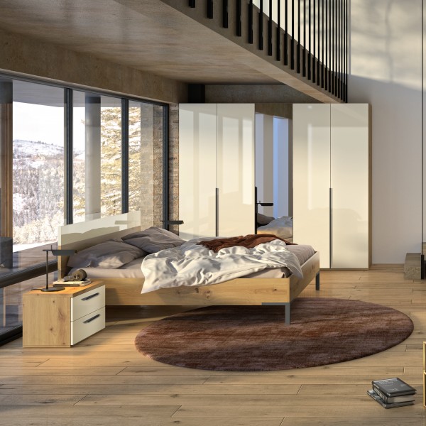 Vista ambientata Letto Matrimoniale in legno 160x200 colore (Rovere Artisan/Grigio Laccato Lucido) modello Eden Totò Piccinni