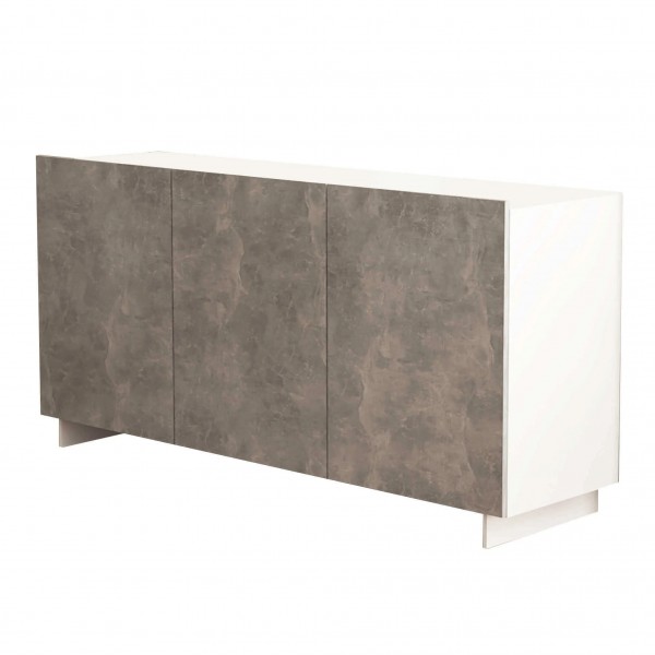 Vista diagonale madia moderna in legno colore "Cemento/Bianco" con 3 ante Totò Piccinni
