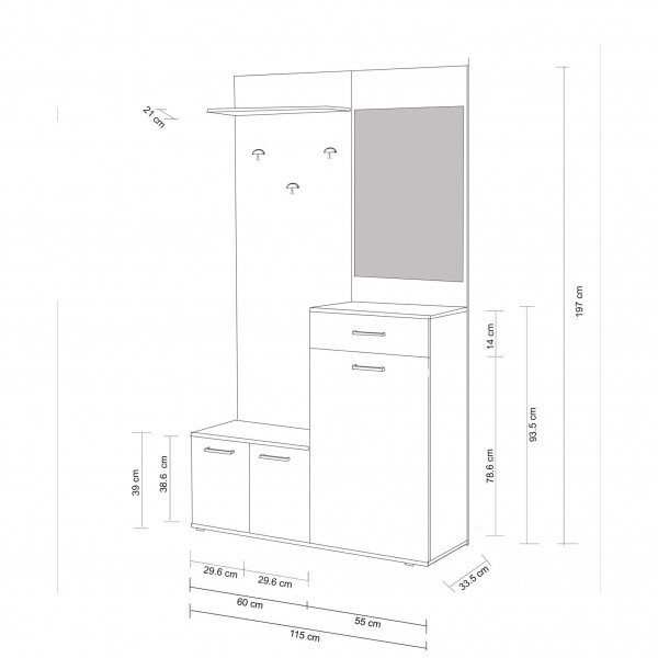 Specifica dimensioni Mobile ingresso appendiabiti con specchio colore "Rovere/Bianco" con 1 cassetto, 3 ganci e 3 ante Totò Piccinni
