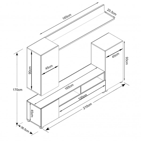 Specifica dimensioni Parete Attrezzata Porta Tv colore "Bianco/Marmo Grigio" modello Bridge Totò Piccinni