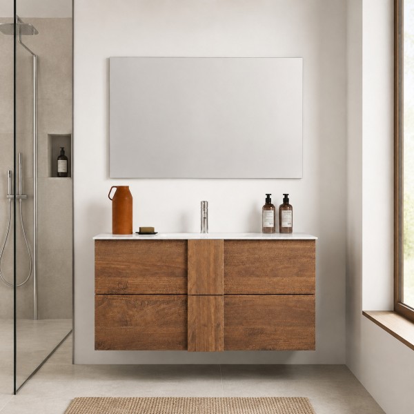 Vista ambientata Mobile Bagno sospeso 80cm con specchiera colore "rovere mercure" modello Juno Totò Piccinni
