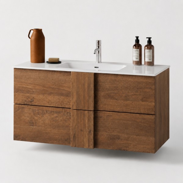 Vista diagonale Mobile Bagno sospeso 80cm con specchiera colore "rovere mercure" modello Juno Totò Piccinni