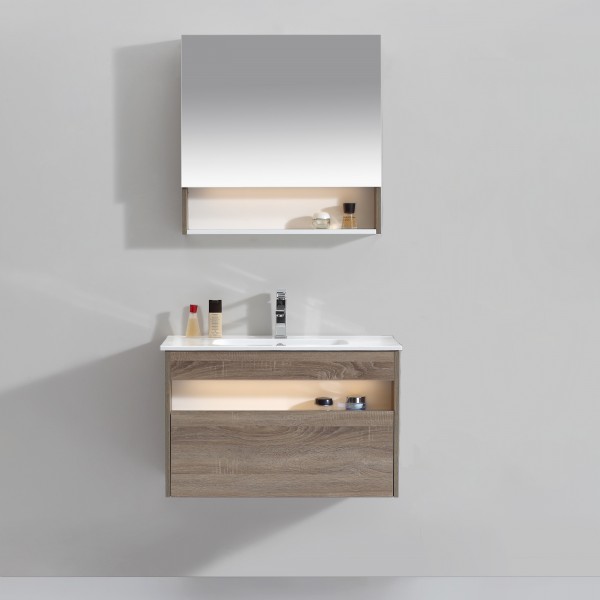 Set BOREA Mobile Bagno Sospeso con Cassetto e Mobile Specchio con Anta e  Led 80 cm