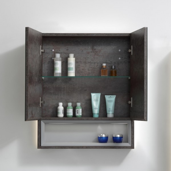 set bagno sospeso con cassetto e due ante design moderno dettaglio pensile modello Vulcano Totò Piccinni