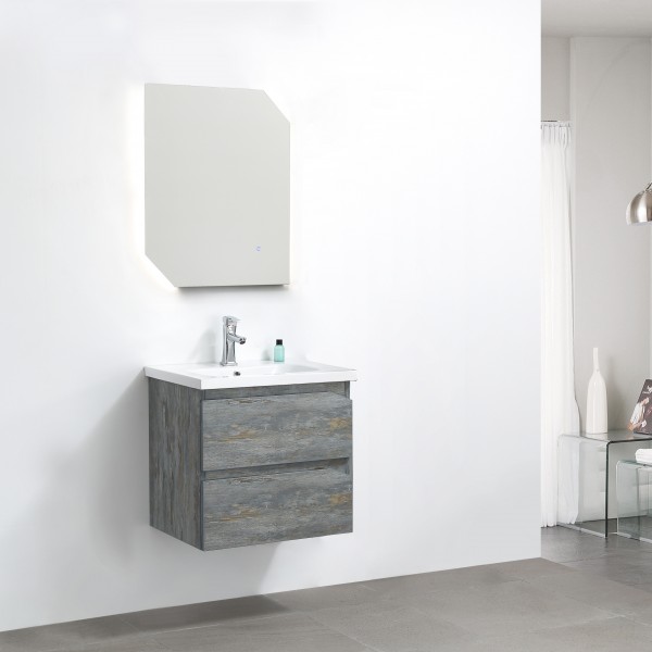 Mobile Bagno 60cm Sospeso Con 2 Cassetti e Specchio con Lampada LED