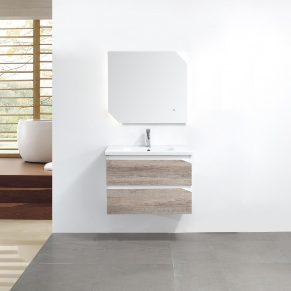 set mobile bagno sospeso con due cassetti e specchio con led vista frontale
