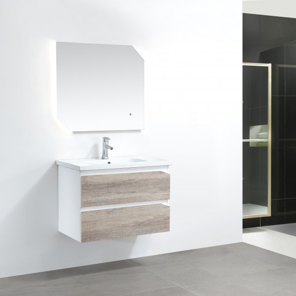 set mobile bagno sospeso con due cassetti e specchio con led vista diagonale