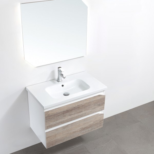 set mobile bagno sospeso con due cassetti e specchio con led vista dall'alto