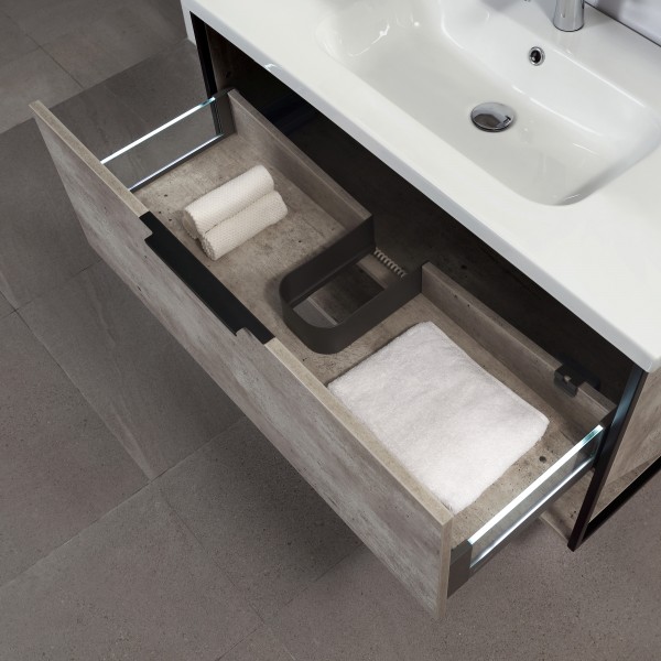 set mobile da bagno sospeso con cassetto e due ente dettaglio cassetto aperto