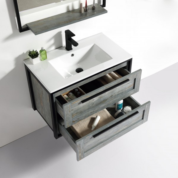 set mobile bagno sospeso con due cassetti e specchio  con cassetti aperti