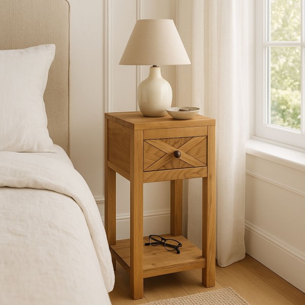 Vista ambientata Comodino da camera da letto in legno di Teak 1 cassetto e 1 ripiano modello Steppa Totò Piccinni