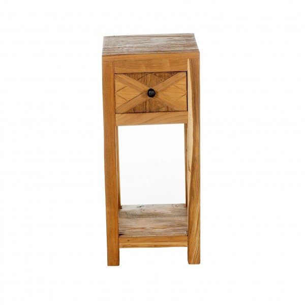Vista frontale Comodino design in legno di Teak 1 cassetto e 1 ripiano modello Steppa Totò Piccinni