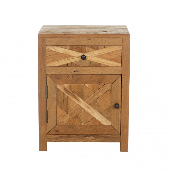 Vista frontale Comodino in legno di Teak con 1 cassetto ed 1 anta modello Steppa Totò Piccinni