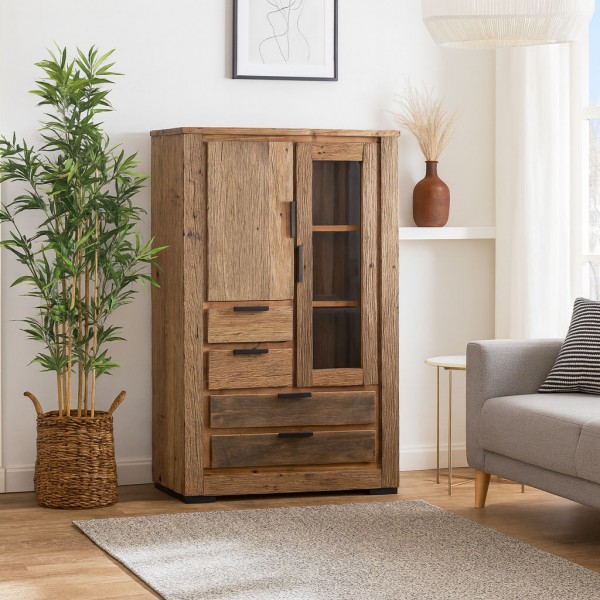 Vista ambientata Mobile in legno di Deriva con 4 cassetti, 1 anta, 1 anta con vetro modello Duna Totò Piccinni