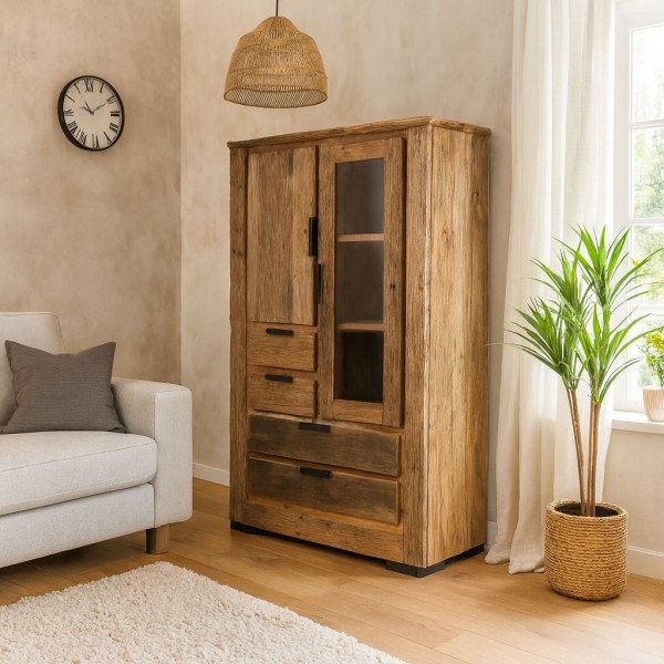 Vista ambientata Mobile in legno di Deriva con 4 cassetti, 1 anta, 1 anta con vetro modello Duna Totò Piccinni