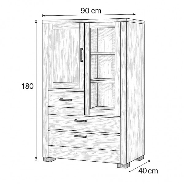 Specifica colore Mobile in legno di Deriva con 4 cassetti, 1 anta, 1 anta con vetro modello Duna Totò Piccinni